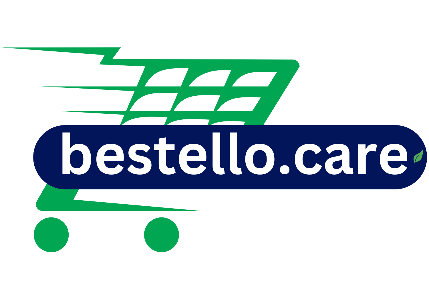 Das Logo von Bestello zeigt einen grünen Einkaufswagen in Bewegung und den Domainnamen ‚bestello.care‘ in weißer Schrift auf einem dunkelblauen Hintergrund. Das Design symbolisiert mühelose Bestellprozesse und nachhaltige Lösungen für Pflegeeinrichtungen.